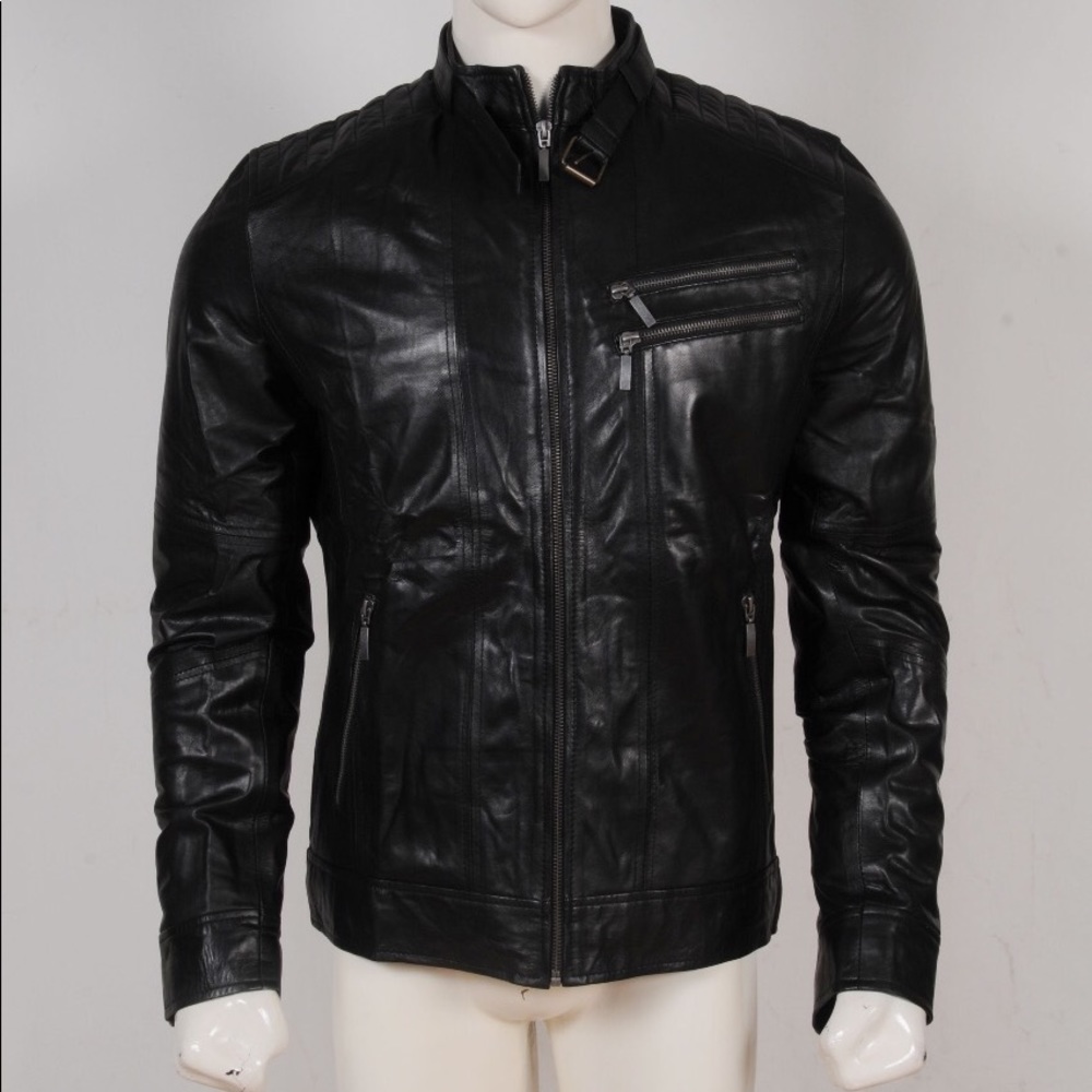 Mens black slim fit sheep leather jacket
